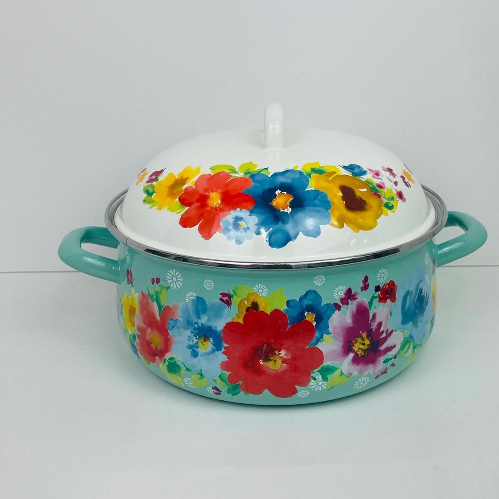 The Pioneer Woman Dutch Oven Breezy Blossom Teal Floral Enamel Stockpot Used